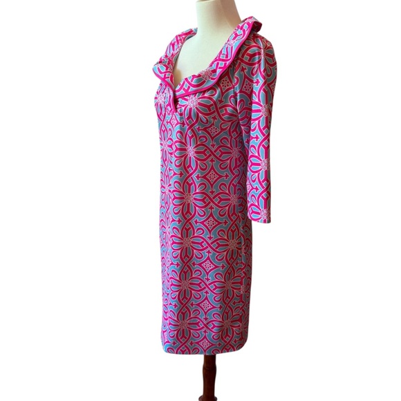 GRETCHEN SCOTT DESIGNS  RUFFNECK DRESS SCALLOP NECKLINE SHIFT STRETCH JERSEY SM - Picture 4 of 13